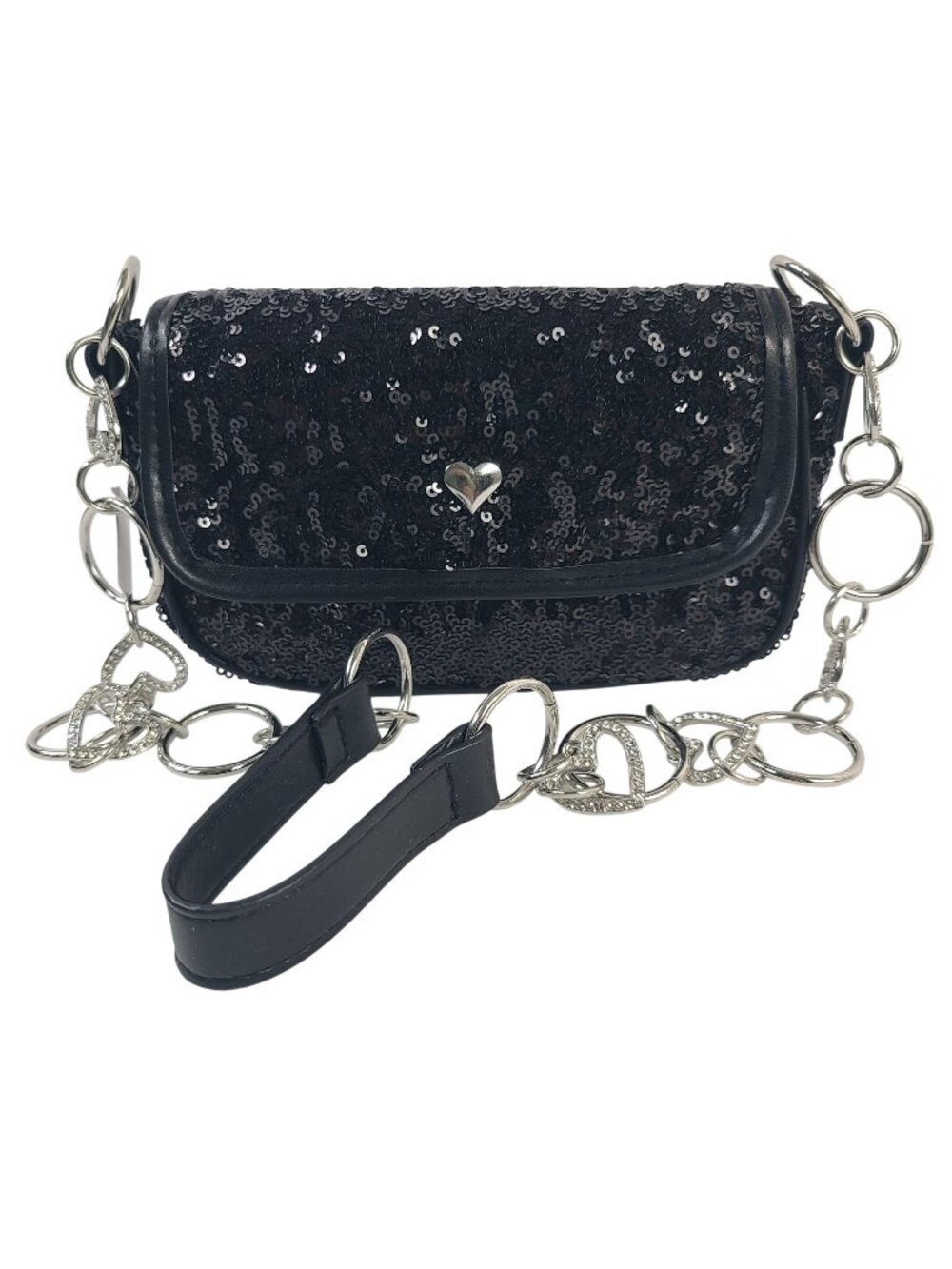 NEW The Childrens Place Black Sequin Crossbody Bag Rhinestone Heart Chain Accent